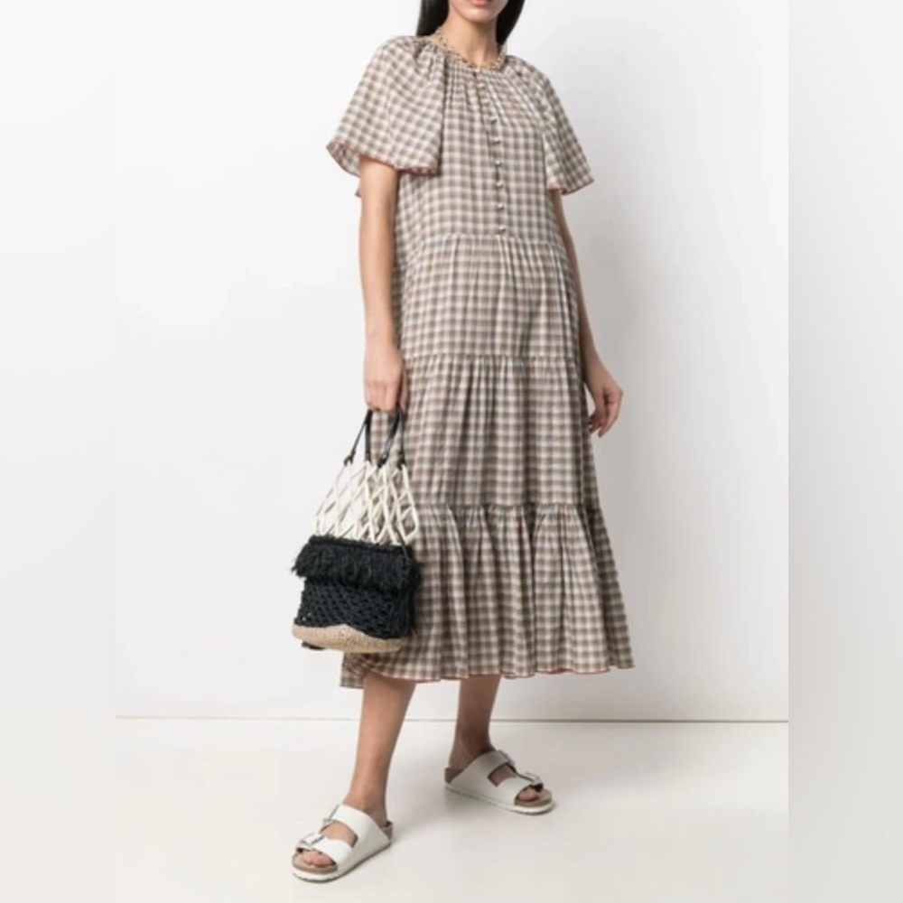 THE GREAT. Beige and White Gingham Tiered Midi Dress - Picture 2 of 5